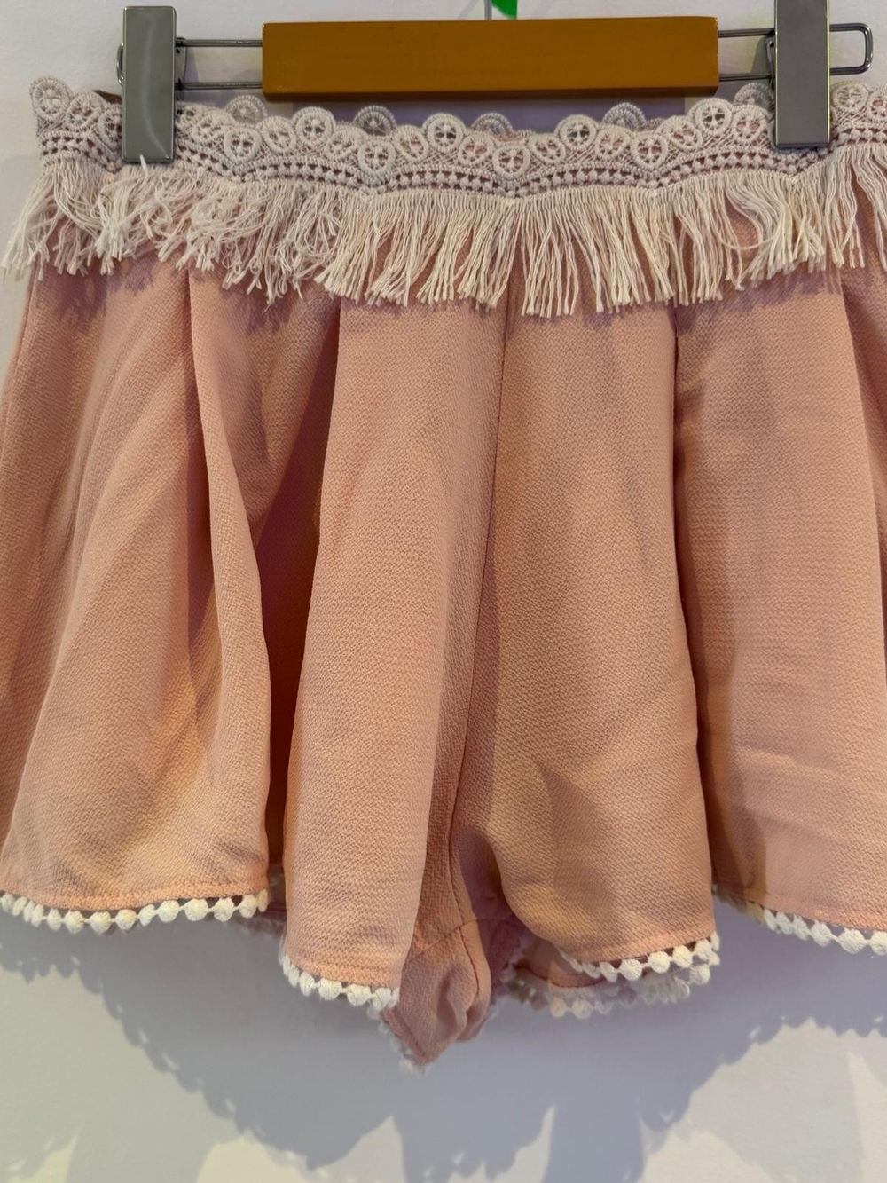 SHAREEN COLLECTIONS Pink Fringe Pom Pom Lace Shorts Skort Boho Coquette Festival